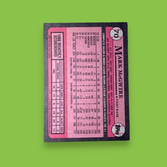 1989 Topps Mark McGwire #70 “ERROR” Baseball Card Mint Condition - Picture 2 of 2